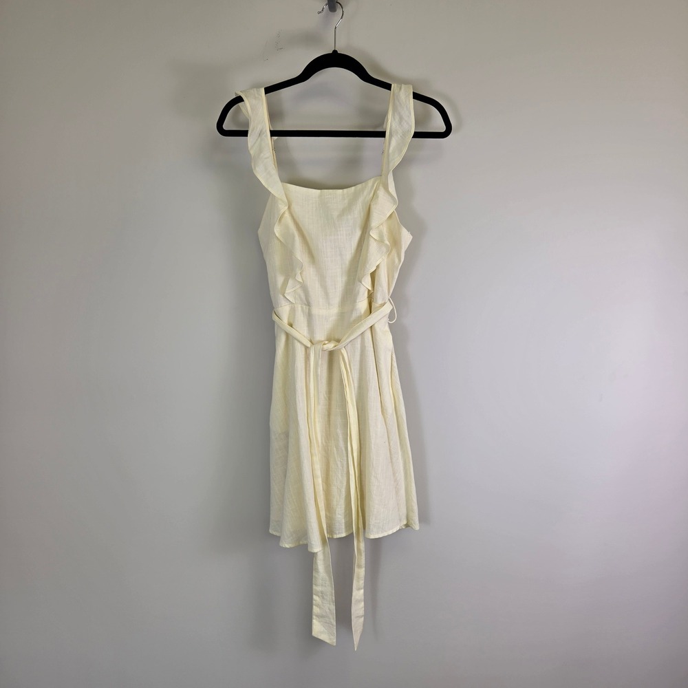 HYFVE Women Yellow Ruffle Strap Tie Waist Mini Dress SZM Square Neck Sleeveless